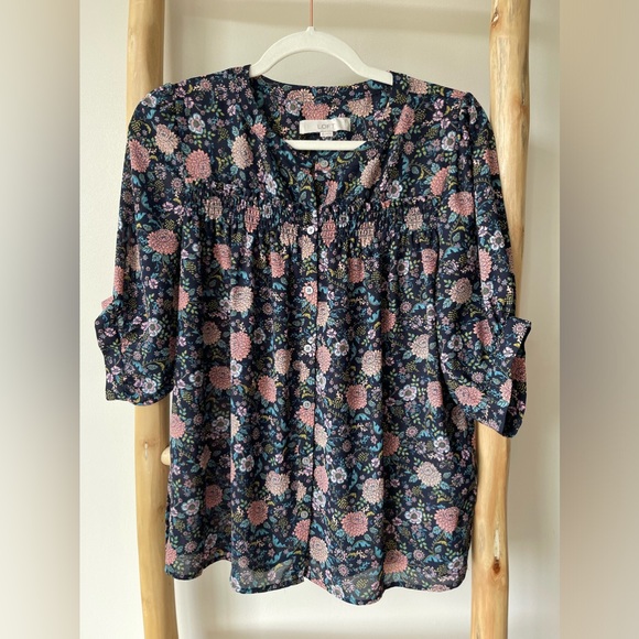LOFT Sweet Navy Pink Floral Smocked Top Short Sleeve Feminine Fall Blouse XS - Picture 5 of 6